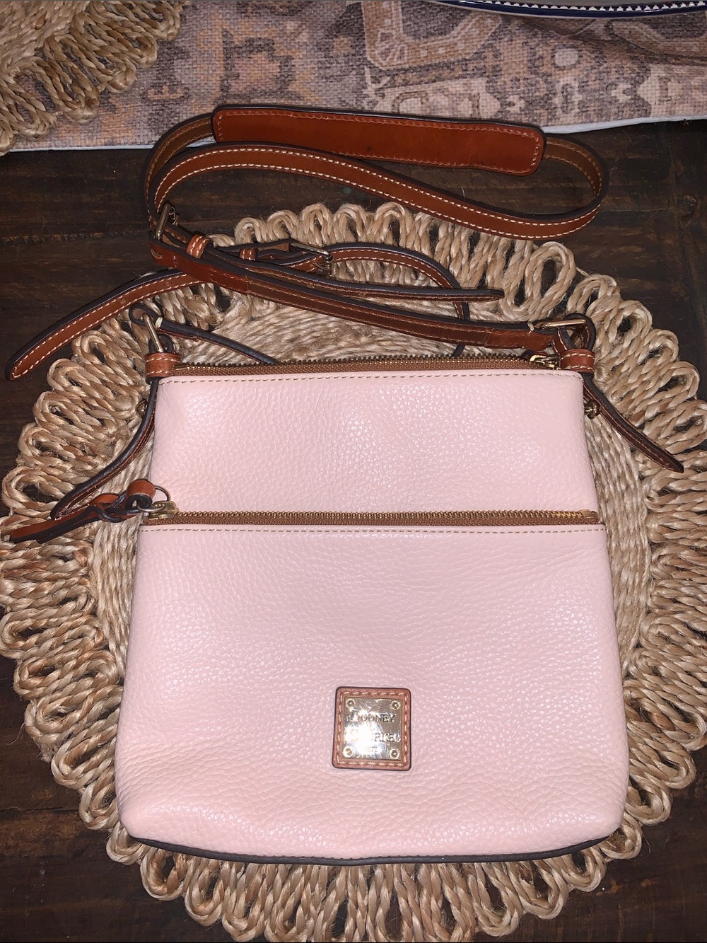 Dooney & Bourke Pale Pink Pebble Leather Crossbody with Brown Trim